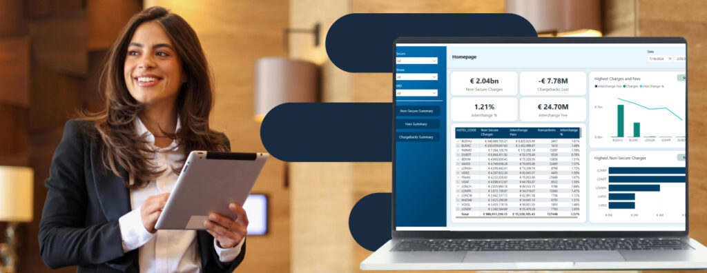 Hotel Manager holding a tablet, viewing Evention's total recon enterprise solution