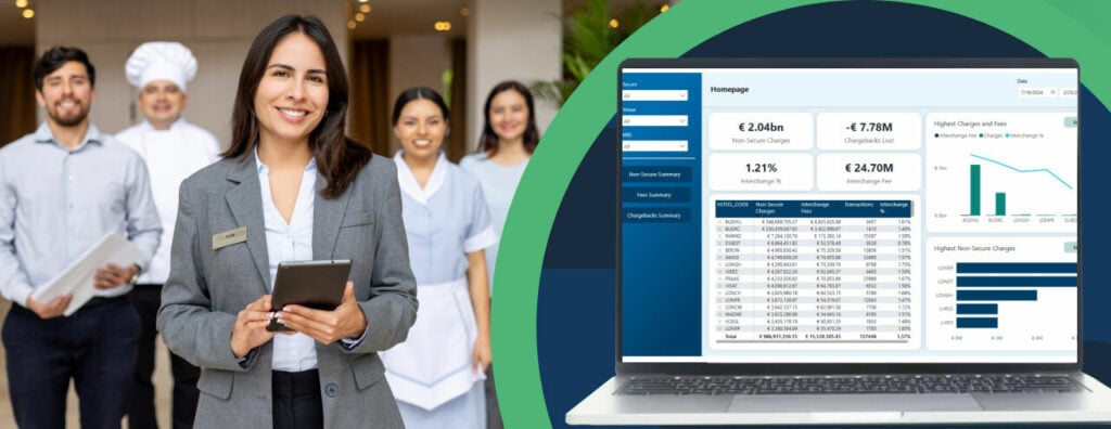 A group of hospitality workers and a computer displaying Evention's Total Recon Enterprise solution.